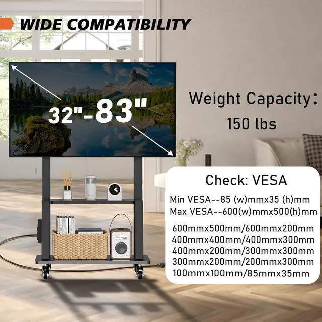 Alt view image 3 of 6 - Rolling TV Stand with Power Outlet, Mobile TV Cart with Wheels for 32 to 65 70 75 83 inch TV, Portable TV Stand with Shelf,Hight Adjustable,Holds up to 150LBS, Vesa 600×500mm.