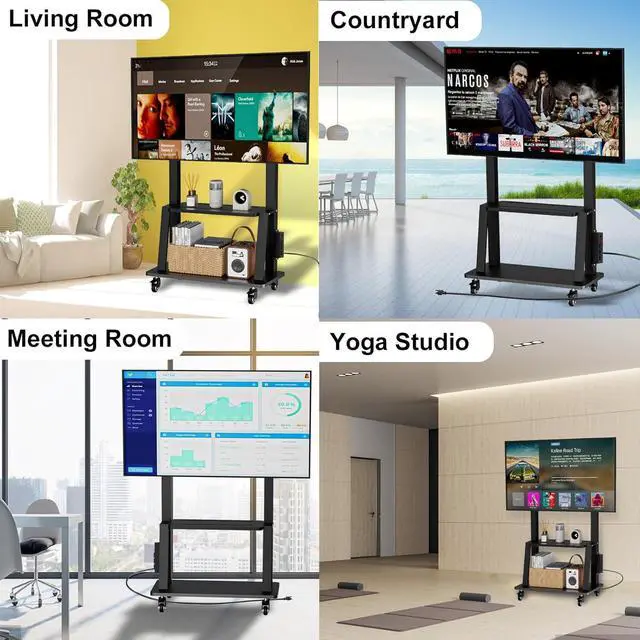 Alt view image 6 of 6 - Rolling TV Stand with Power Outlet, Mobile TV Cart with Wheels for 32 to 65 70 75 83 inch TV, Portable TV Stand with Shelf,Hight Adjustable,Holds up to 150LBS, Vesa 600×500mm.