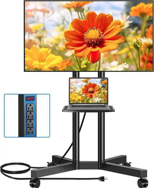Main image of Mobile TV Cart Rolling TV Stand with Power Outlet for 32-70 Inch Screens, Protable TV Stand on Wheels with Height Adjustment, Outdoor TV Stand Mount with Shelf Holds up to 88lbs for Home Office