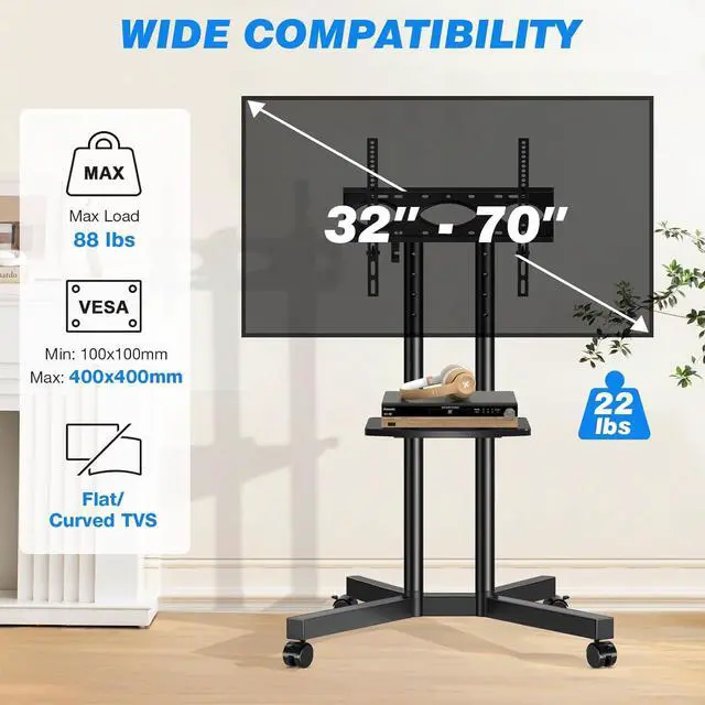 Alt view image 2 of 7 - Mobile TV Cart Rolling TV Stand with Power Outlet for 32-70 Inch Screens, Protable TV Stand on Wheels with Height Adjustment, Outdoor TV Stand Mount with Shelf Holds up to 88lbs for Home Office
