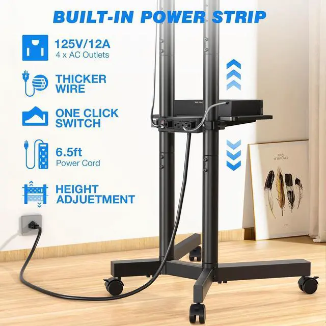 Alt view image 3 of 7 - Mobile TV Cart Rolling TV Stand with Power Outlet for 32-70 Inch Screens, Protable TV Stand on Wheels with Height Adjustment, Outdoor TV Stand Mount with Shelf Holds up to 88lbs for Home Office