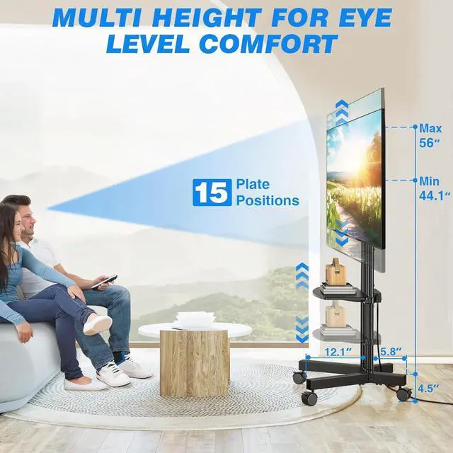 Alt view image 4 of 7 - Mobile TV Cart Rolling TV Stand with Power Outlet for 32-70 Inch Screens, Protable TV Stand on Wheels with Height Adjustment, Outdoor TV Stand Mount with Shelf Holds up to 88lbs for Home Office