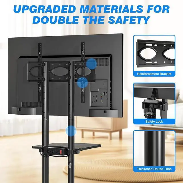 Alt view image 7 of 7 - Mobile TV Cart Rolling TV Stand with Power Outlet for 32-70 Inch Screens, Protable TV Stand on Wheels with Height Adjustment, Outdoor TV Stand Mount with Shelf Holds up to 88lbs for Home Office