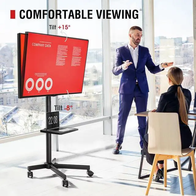 Alt view image 2 of 7 - Rolling TV Stand - Mobile TV Stand on Wheels for 32-65 inch Flat/Curved TVs with Tilting, Height Adjustment Portable Rolling TV Cart Hold up to 88 Lbs for Livingroom, Bedroom, Office, Outdoor