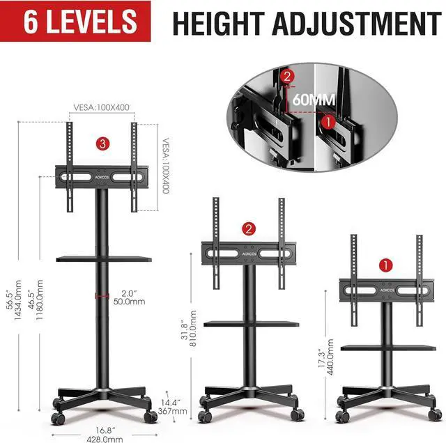 Alt view image 4 of 7 - Rolling TV Stand - Mobile TV Stand on Wheels for 32-65 inch Flat/Curved TVs with Tilting, Height Adjustment Portable Rolling TV Cart Hold up to 88 Lbs for Livingroom, Bedroom, Office, Outdoor