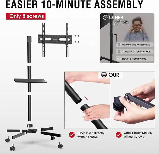 Alt view image 5 of 7 - Rolling TV Stand - Mobile TV Stand on Wheels for 32-65 inch Flat/Curved TVs with Tilting, Height Adjustment Portable Rolling TV Cart Hold up to 88 Lbs for Livingroom, Bedroom, Office, Outdoor