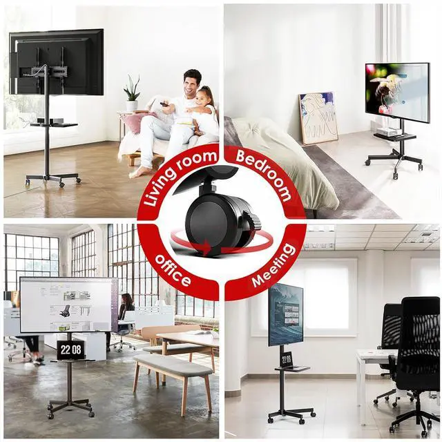 Alt view image 6 of 7 - Rolling TV Stand - Mobile TV Stand on Wheels for 32-65 inch Flat/Curved TVs with Tilting, Height Adjustment Portable Rolling TV Cart Hold up to 88 Lbs for Livingroom, Bedroom, Office, Outdoor