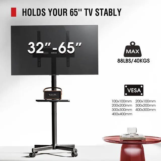 Alt view image 7 of 7 - Rolling TV Stand - Mobile TV Stand on Wheels for 32-65 inch Flat/Curved TVs with Tilting, Height Adjustment Portable Rolling TV Cart Hold up to 88 Lbs for Livingroom, Bedroom, Office, Outdoor