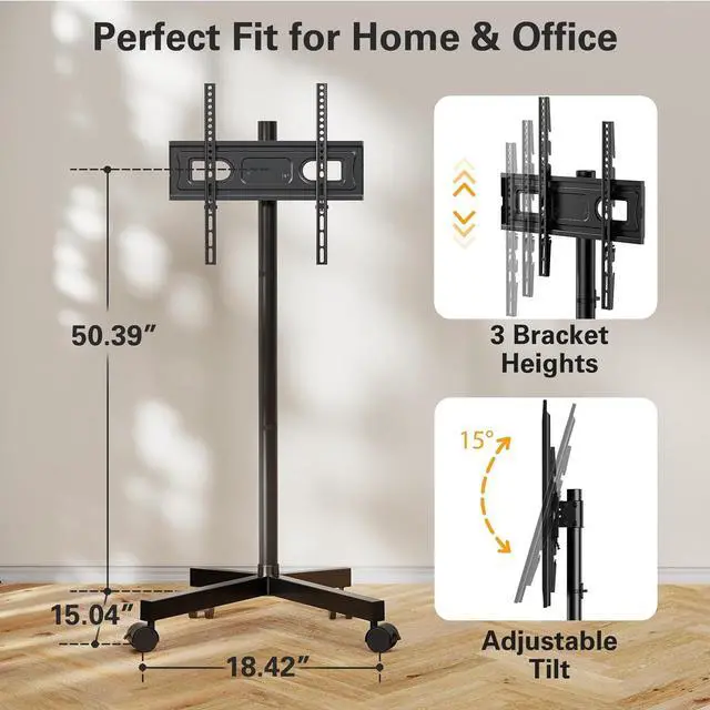Alt view image 5 of 7 - Rolling TV Stand for 23-60 Inch LCD LED OLED 4K Smart TVs Holds up to 88lbs, Mobile TV Stand with Height Adjustable, Tilting TV Cart with Locking Wheels Max VESA 400x400mm, PGTVMC16