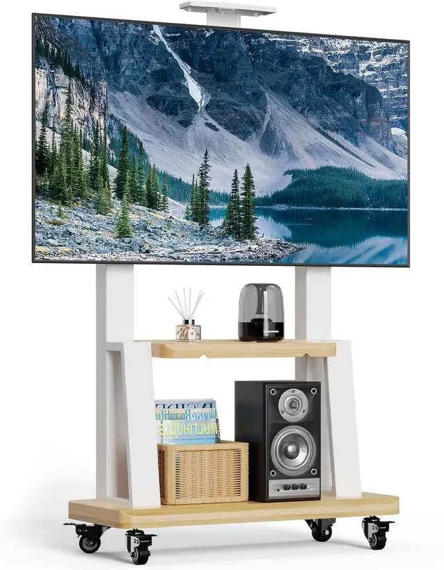 Main image of Mobile TV Stand Rolling TV Cart with Wheels for 32-75 Inch Flat/Curved Led/LCD/OLED Portable Floor TV Stand with Shelf, Height Adjustable Heavy-Duty Holds up to 180lbs,Max VESA 600 * 400mm (White)