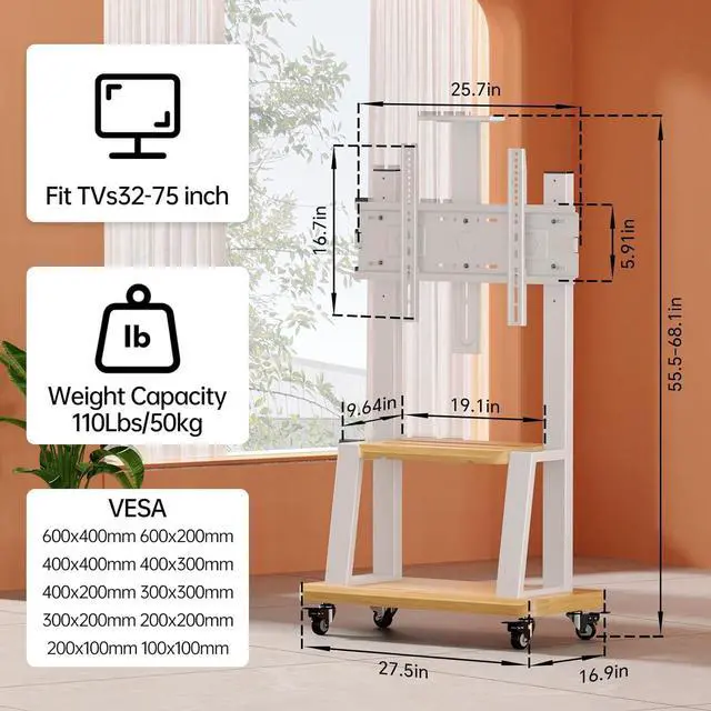 Alt view image 2 of 7 - Mobile TV Stand Rolling TV Cart with Wheels for 32-75 Inch Flat/Curved Led/LCD/OLED Portable Floor TV Stand with Shelf, Height Adjustable Heavy-Duty Holds up to 180lbs,Max VESA 600 * 400mm (White)