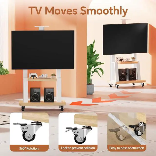 Alt view image 3 of 7 - Mobile TV Stand Rolling TV Cart with Wheels for 32-75 Inch Flat/Curved Led/LCD/OLED Portable Floor TV Stand with Shelf, Height Adjustable Heavy-Duty Holds up to 180lbs,Max VESA 600 * 400mm (White)