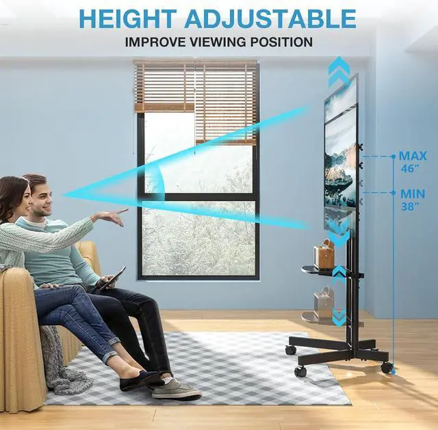 Alt view image 3 of 7 - Mobile TV Stand for 32-75 inch TVs - Height Adjustable Rolling TV Stand, 88lbs Capacity, 2-inch Caster Wheels Portable TV Stand with Removable Storage Shelf