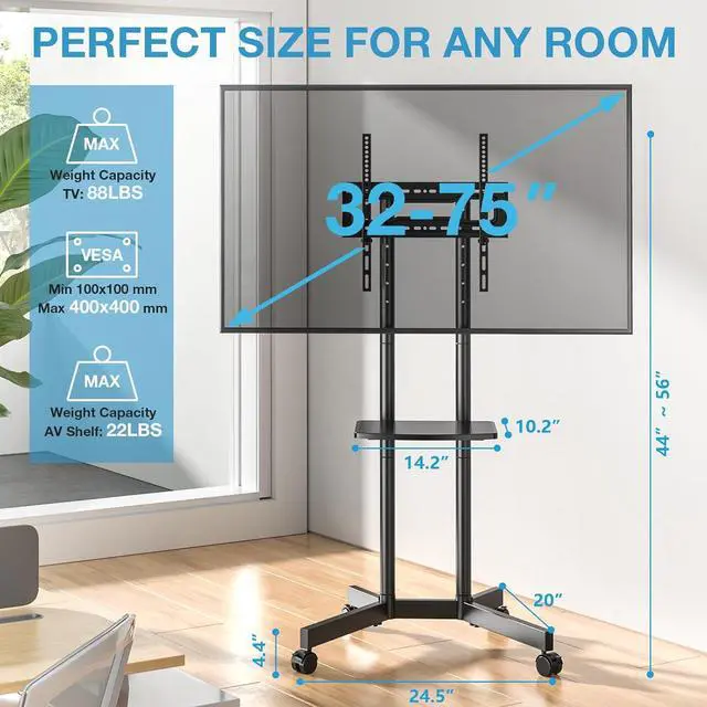 Alt view image 2 of 7 - Mobile TV Stand for 32-75 inch TVs - Height Adjustable Rolling TV Stand, 88lbs Capacity, 2-inch Caster Wheels Portable TV Stand with Removable Storage Shelf