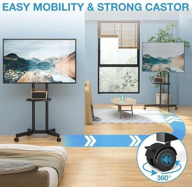 Alt view image 4 of 7 - Mobile TV Stand for 32-75 inch TVs - Height Adjustable Rolling TV Stand, 88lbs Capacity, 2-inch Caster Wheels Portable TV Stand with Removable Storage Shelf