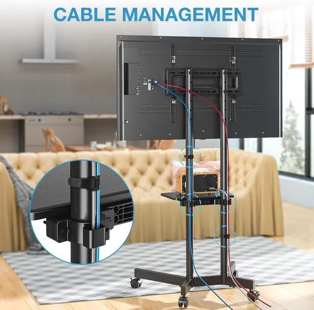 Alt view image 5 of 7 - Mobile TV Stand for 32-75 inch TVs - Height Adjustable Rolling TV Stand, 88lbs Capacity, 2-inch Caster Wheels Portable TV Stand with Removable Storage Shelf