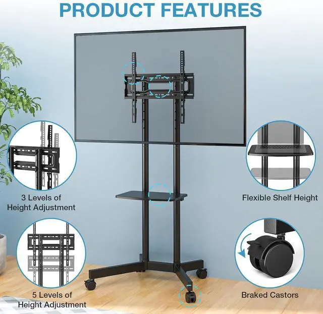 Alt view image 6 of 7 - Mobile TV Stand for 32-75 inch TVs - Height Adjustable Rolling TV Stand, 88lbs Capacity, 2-inch Caster Wheels Portable TV Stand with Removable Storage Shelf