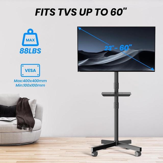 Alt view image 7 of 7 - Mobile TV Cart for 23-60 Inch LCD LED OLED Flat Curved Screen Outdoor TVs Height Adjustable Rolling TV Cart Floor Stand with Shelf and Locking Wheels Up to 88lbs Monitor TV Max VESA 400x400mm