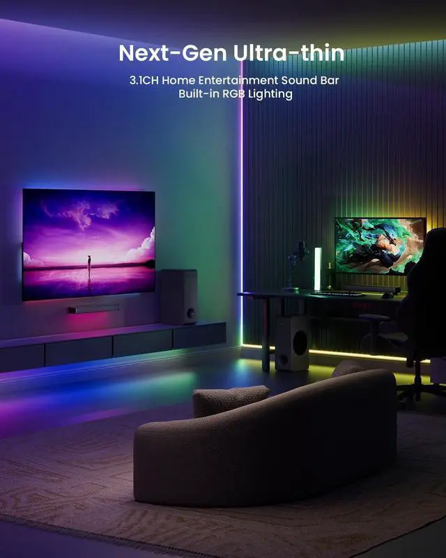 Alt view image 2 of 6 - Sound Bar for Smart TV 3.1CH PC Gaming Soundbar with Subwoofer RGB Lighting Audio Sync Surround System BT 5.3/HD-ARC/Optical/AUX/USB Desktop Tablets Consoles Home Cinema by DT