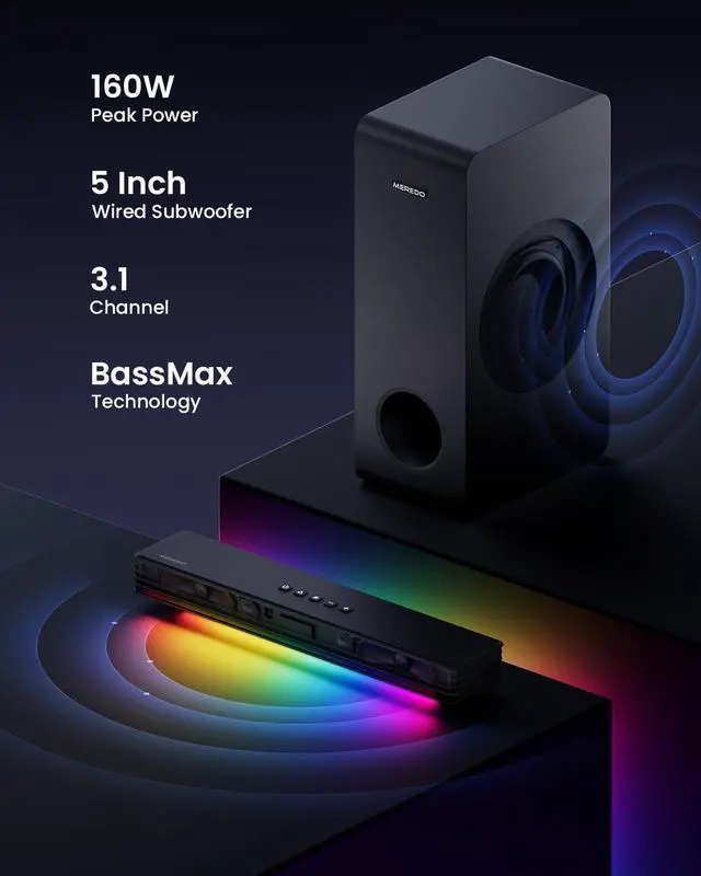 Alt view image 3 of 6 - Sound Bar for Smart TV 3.1CH PC Gaming Soundbar with Subwoofer RGB Lighting Audio Sync Surround System BT 5.3/HD-ARC/Optical/AUX/USB Desktop Tablets Consoles Home Cinema by DT