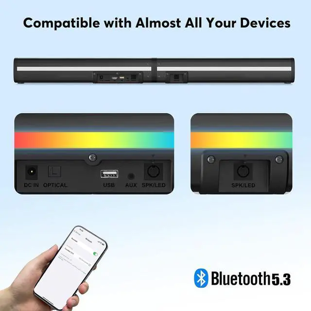 Alt view image 4 of 7 - 2.2 Sound Bar for TV with Built-in Subwoofers, 32 Inches Detachable Soundbar Speaker, Bluetooth 5.3/Optical/AUX/USB Connection with Colorful Backlight (Black)
