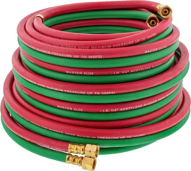 Main image of Elite Series 50 Foot Oxygen Acetylene Hose Twin Welding Hose Set, 1/4 Inch B Fittings, 9/16-18 - Oxy Acetylene Cutting Torch Hoses, Welder Gas Hose Cut Metal, Green Red, Grade R