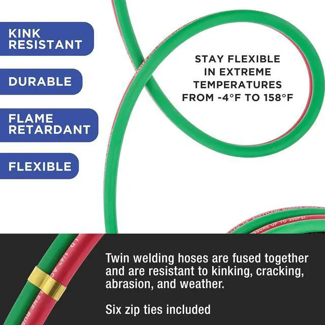 Alt view image 5 of 6 - Elite Series 50 Foot Oxygen Acetylene Hose Twin Welding Hose Set, 1/4 Inch B Fittings, 9/16-18 - Oxy Acetylene Cutting Torch Hoses, Welder Gas Hose Cut Metal, Green Red, Grade R