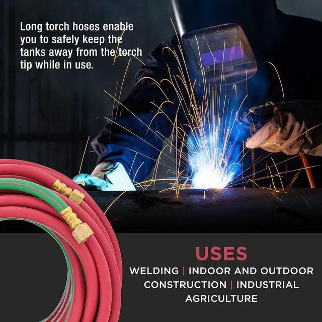 Alt view image 6 of 6 - Elite Series 50 Foot Oxygen Acetylene Hose Twin Welding Hose Set, 1/4 Inch B Fittings, 9/16-18 - Oxy Acetylene Cutting Torch Hoses, Welder Gas Hose Cut Metal, Green Red, Grade R