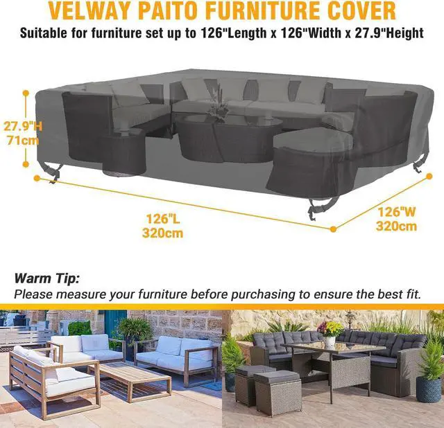 Alt view image 2 of 6 - Patio Furniture Cover Waterproof Outdoor Sectional Sofa Set Covers, Large 126"Lx126"Wx28"H, All Weather Oxford Tear-Resistant Table Chair Set Cover with Windproof Design, Black