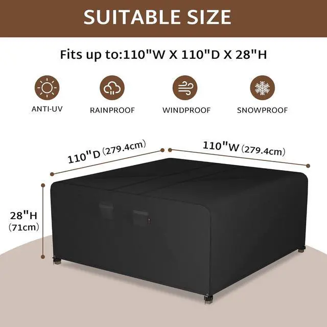 Alt view image 2 of 6 - Outdoor Patio Furniture Set Covers 110 x 110 inch Waterproof Weatherproof Square Cover, Heavy Duty 600D for Outside Dining Table and Chairs fit 9 x 9 ft, 108 x 108, 106 x 106 inch