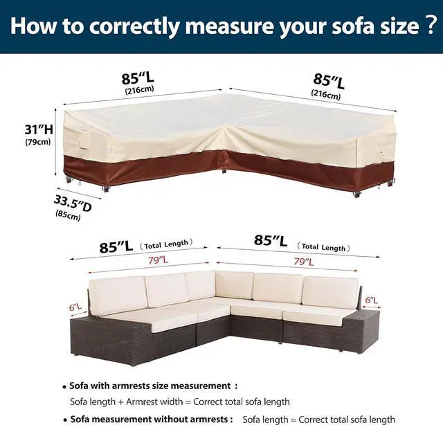 Alt view image 4 of 7 - Outdoor Sectional Cover-V-Shaped Garden Patio Furniture Covers Waterproof Rip-Stop Anti-UV 600D Heavy Duty Outdoor Couch Cover with 3 Air Vents Sofa Cover 85''L 33.5''D 31''H,Beige & Reddish Brown