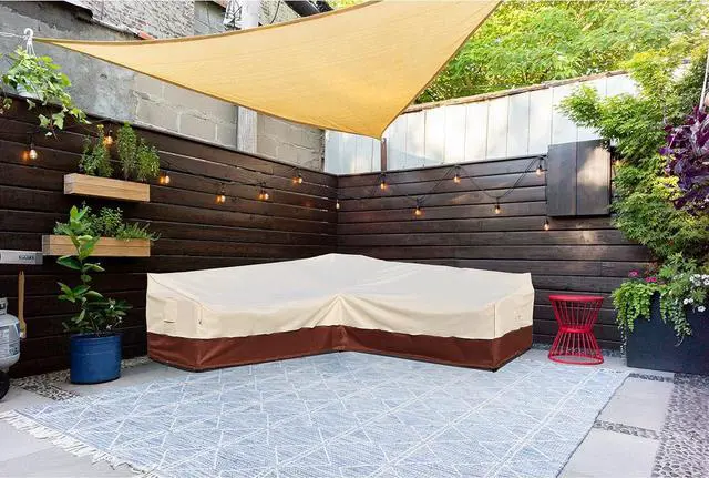 Alt view image 7 of 7 - Outdoor Sectional Cover-V-Shaped Garden Patio Furniture Covers Waterproof Rip-Stop Anti-UV 600D Heavy Duty Outdoor Couch Cover with 3 Air Vents Sofa Cover 85''L 33.5''D 31''H,Beige & Reddish Brown