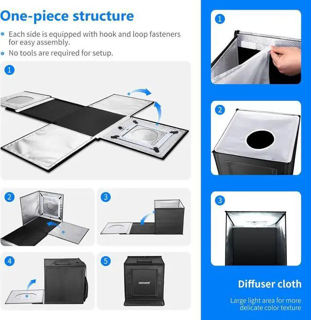 Alt view image 2 of 7 - Photo Studio Light Box, 16" x 16" Shooting Light Tent with Adjustable Brightness, Foldable and Portable Tabletop Photography Lighting Kit with 80 LED Lights and 4 Colors Backdrops