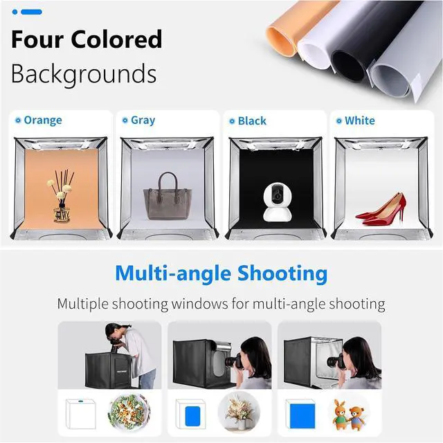 Alt view image 5 of 7 - Photo Studio Light Box, 16" x 16" Shooting Light Tent with Adjustable Brightness, Foldable and Portable Tabletop Photography Lighting Kit with 80 LED Lights and 4 Colors Backdrops