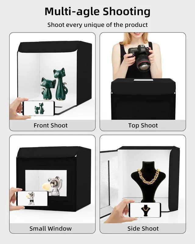 Alt view image 5 of 7 - Light Box Photography, 16"x16" Portable Photo Box Shooting Tent Kit with 2 Light Panels (204 LED Lights) & 6 Kinds Double-Sided Backgrounds for Jewelry and Product Photography