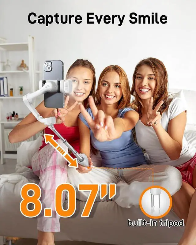 Alt view image 5 of 7 - V3 Gimbal Stabilizer for iPhone, Phone Gimbal with Magnetic AI Tracker, Built-in Extension Rod, Tripod, Fill Light, Phone Stabilizer for Video Recording, YouTube, White