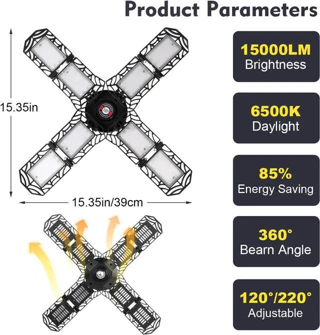 Alt view image 2 of 7 - 4 Pack LED Garage Light, Super Bright Screw in E26/E27 Ceiling Shop Work Lamp, 200W 20000 Lumen Deformable Basement Bulb Fixture with 8 Adjustable Panels