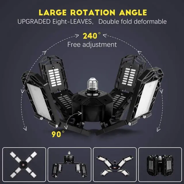 Alt view image 3 of 7 - 4 Pack LED Garage Light, Super Bright Screw in E26/E27 Ceiling Shop Work Lamp, 200W 20000 Lumen Deformable Basement Bulb Fixture with 8 Adjustable Panels