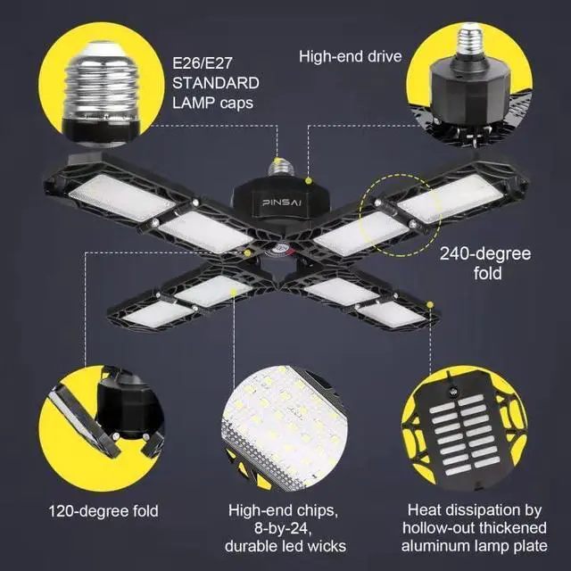 Alt view image 4 of 7 - 4 Pack LED Garage Light, Super Bright Screw in E26/E27 Ceiling Shop Work Lamp, 200W 20000 Lumen Deformable Basement Bulb Fixture with 8 Adjustable Panels