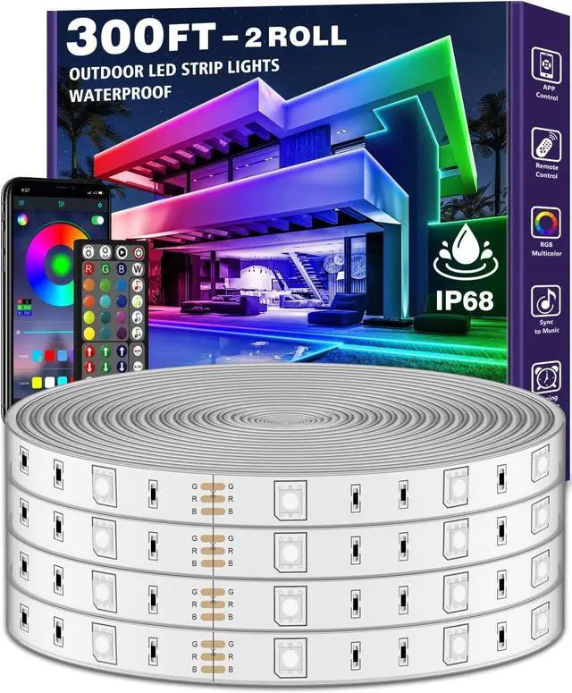 Main image of Outdoor LED Strip Lights Waterproof IP68 Outside Led Light Strips Waterproof with Bluetooth App Remote Control Music Sync RGB Exterior Led Rope Lights for Balcony Deck (300ft Outdoor LED Strip Lights)