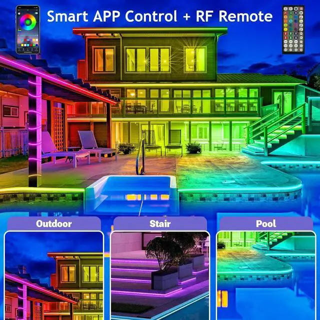 Alt view image 2 of 7 - 100ft Outdoor LED Strip Lights Waterproof IP68 Outside Led Light Strips Waterproof with Bluetooth App Remote Control Music Sync RGB Exterior Led Rope Lights for Balcony Deck Roof Garden Pool
