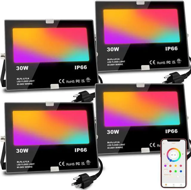 Main image of LED Flood Light Outdoor 30W, 300W Equivalent 3000LM Smart RGB Landscape Lighting with APP Control, DIY Scenes - Timing - Warm White 2700K - Color Changing Uplight, IP66, US Plug MELPO(4 Pack)