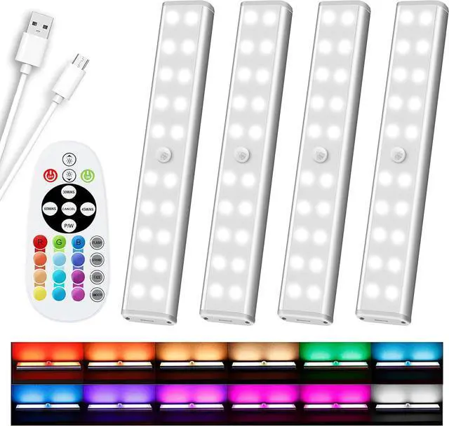Main image of 48 LED Under Cabinet Lighting Wireless, 15 Colors Changeable Rechargeable RGB Under Cabinet Lights Remote Control Under Counter Lights Mini Night Light Bar for Indoor Display Shelf, 4 Pack