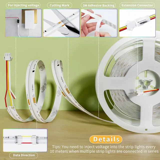 Alt view image 5 of 7 - RGB Smart IC COB LED Strip Light Addressable 16.4ft/5m UL-Listed 24V Color Flowing Strip Light Multicolor Flexible Tape Light for TV Party DIY Decoration(Without Controller&Power Supply)