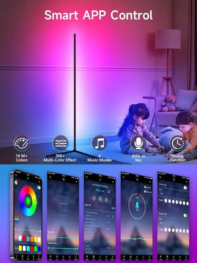 Alt view image 3 of 7 - RGB LED Corner Lamp with Music Sync, Smart App and Remote Control Color Changing Ambience Light, LED Lamp with 16 Million Colors for Bedroom, Living Room Gaming Room