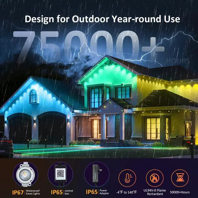 Alt view image 4 of 5 - 200FT Permanent Outdoor Lights, RGB LED Eaves Lights with APP/Remote Control, IP67 Waterproof LED Outdoor String Lights for Christmas, Halloween, Outdoor, Garden Decor