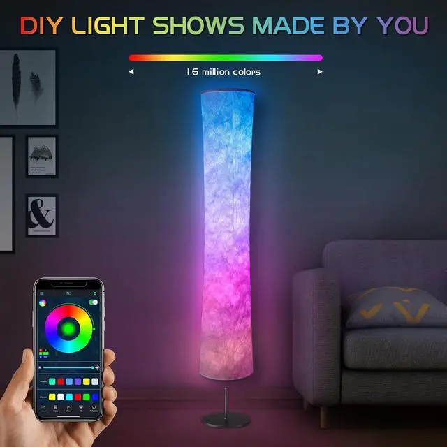 Alt view image 2 of 6 - Floor Lamp, RGB Floor Lamp with 16 Million DIY Colors and Scene Modes, Music Sync and White Fabric Shade, Smart Floor Lamp with App/Remote Control, Standing Lamp for Living/Game Room Bedroom