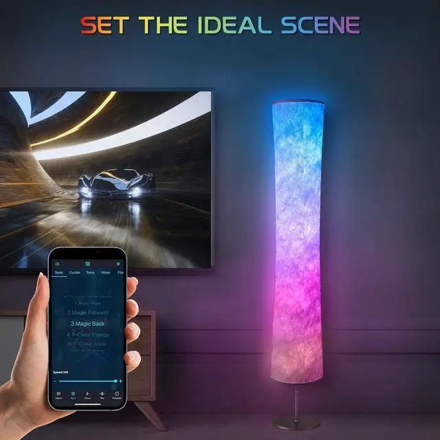 Alt view image 3 of 6 - Floor Lamp, RGB Floor Lamp with 16 Million DIY Colors and Scene Modes, Music Sync and White Fabric Shade, Smart Floor Lamp with App/Remote Control, Standing Lamp for Living/Game Room Bedroom