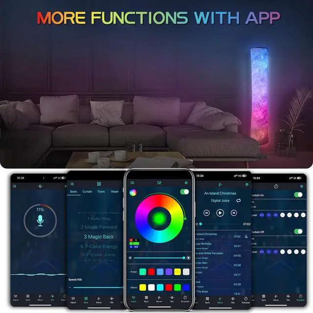 Alt view image 5 of 6 - Floor Lamp, RGB Floor Lamp with 16 Million DIY Colors and Scene Modes, Music Sync and White Fabric Shade, Smart Floor Lamp with App/Remote Control, Standing Lamp for Living/Game Room Bedroom