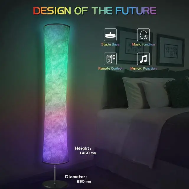 Alt view image 6 of 6 - Floor Lamp, RGB Floor Lamp with 16 Million DIY Colors and Scene Modes, Music Sync and White Fabric Shade, Smart Floor Lamp with App/Remote Control, Standing Lamp for Living/Game Room Bedroom